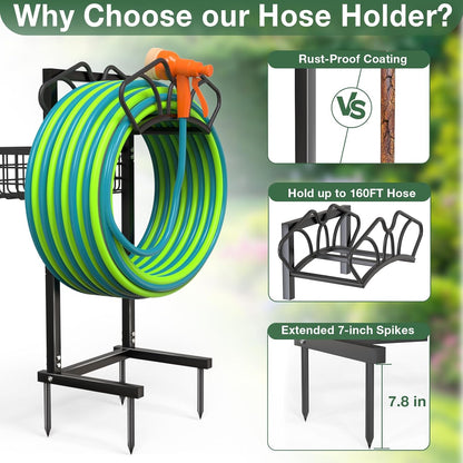 Upgraded Garden Hose Holder with Large Basket, Heavy Duty Water Hose Holder Supports 160-ft Hoses, Freestanding Detachable Hose Stand Storage Reel Hanger Rack for Yard Lawn Farm