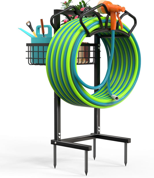 Upgraded Garden Hose Holder with Large Basket, Heavy Duty Water Hose Holder Supports 160-ft Hoses, Freestanding Detachable Hose Stand Storage Reel Hanger Rack for Yard Lawn Farm