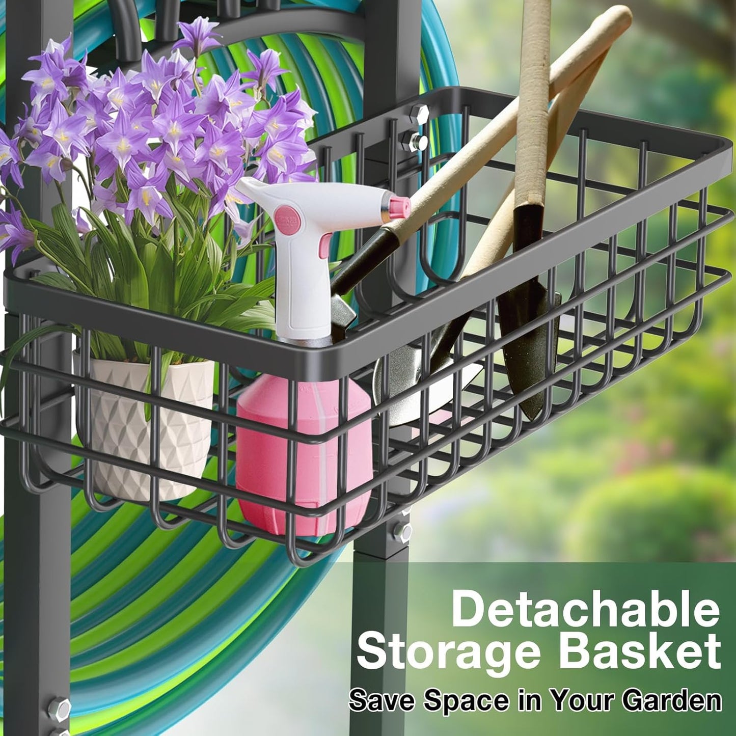 Upgraded Garden Hose Holder with Large Basket, Heavy Duty Water Hose Holder Supports 160-ft Hoses, Freestanding Detachable Hose Stand Storage Reel Hanger Rack for Yard Lawn Farm