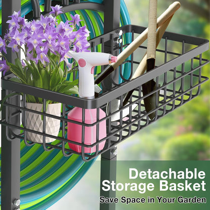 Upgraded Garden Hose Holder with Large Basket, Heavy Duty Water Hose Holder Supports 160-ft Hoses, Freestanding Detachable Hose Stand Storage Reel Hanger Rack for Yard Lawn Farm