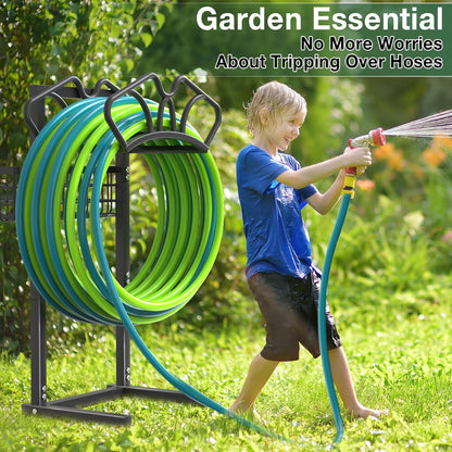 Upgraded Garden Hose Holder with Large Basket, Heavy Duty Water Hose Holder Supports 160-ft Hoses, Freestanding Detachable Hose Stand Storage Reel Hanger Rack for Yard Lawn Farm