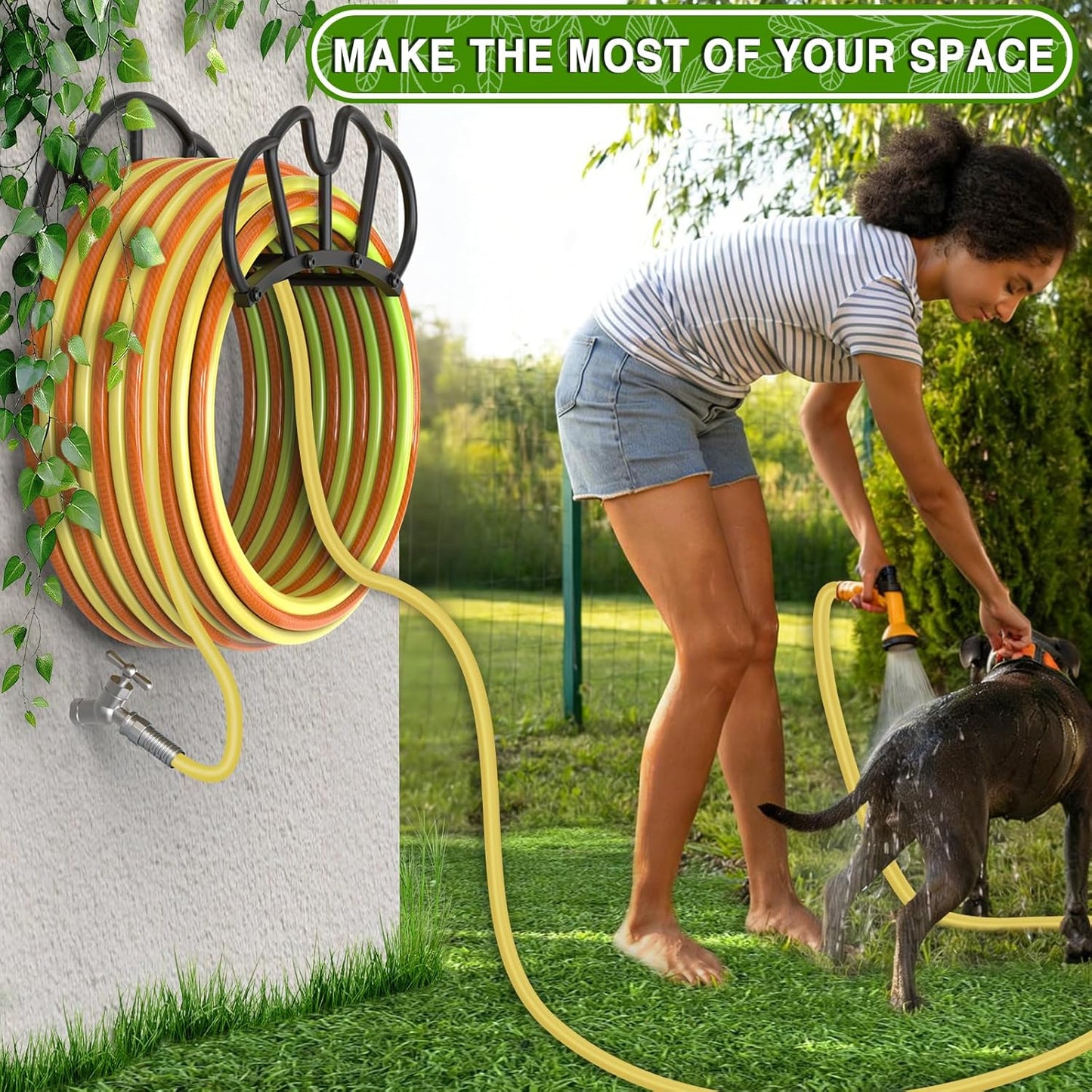 Super Stable Garden Hose Holder Wall Mount, Heavy Duty Water Hose holder Hanger Holds 125-Feet Hose, Metal Hose Storage Reel Rack Organizer for Outside Yard Lawn